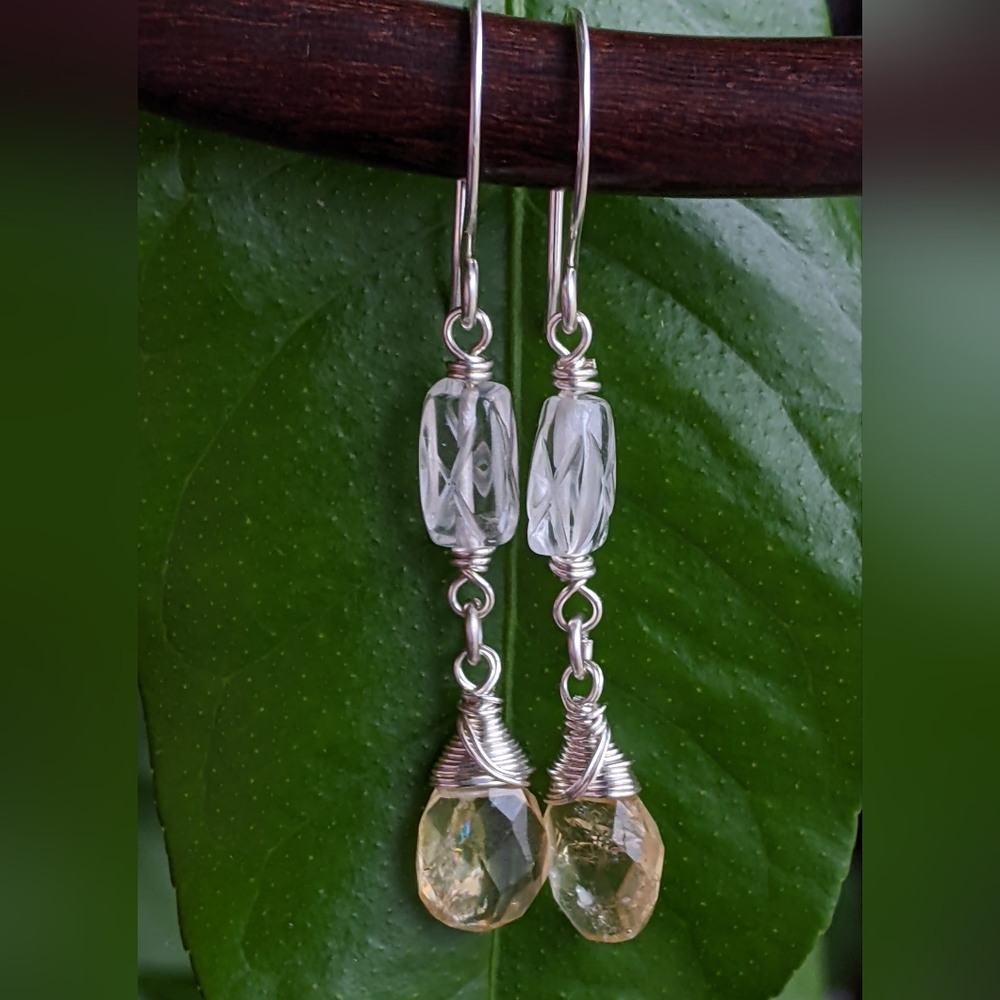Sterling Silver Citrine Drop Earrings With Carved Clear Quartz Gems - Picture 11 of 13